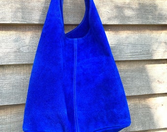Real Suede Cobalt Blue Slouchy Style Bag, Made in Italy, Eye Catching Statement Handbag