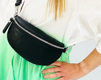 Trendy Soft Italian Nappa Leather Black Cross Body/Bum Bag with Silver Hardware/Everyday Essential Bag, Go Hands (and fuss) free