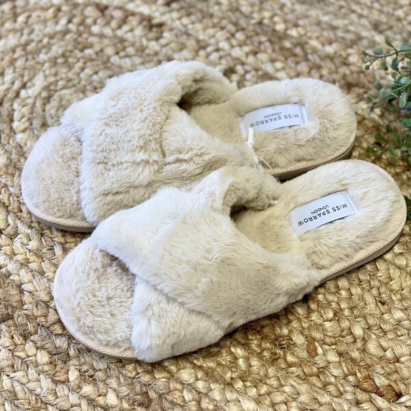 Miss Sparrow London Cream Faux Fur Cross-Over Slippers, Perfect Gift, Mothers Day, Free UK Delivery