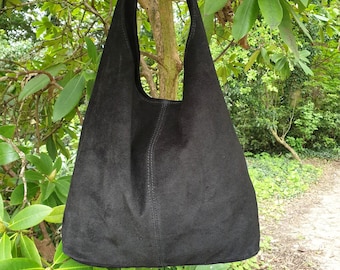 Real Suede Black Slouchy Style Bag, Made in Italy, Eye Catching Statement Handbag