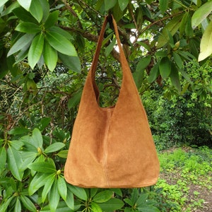 Real Suede Soft Tan Slouchy Style Bag, Made in Italy, Everyday Statement Handbag, Free UK Delivery