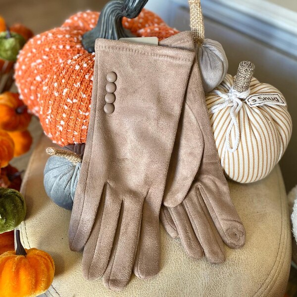 Stylish Soft Suede Touch Screen Button Gloves in Mink,Fleeced inside, Lovely Gift for her, Come Beautifully Gift Wrapped, One Size