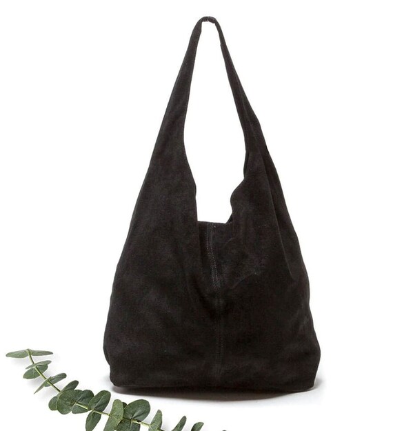 Real Suede Black Slouchy Style Bag, Made in Italy, Eye Catching 