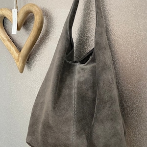 Real Suede Soft Grey Slouchy Style Bag, Made in Italy, Everyday Statement Handbag, Free UK Delivery