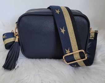 POM, Navy Vegan Leather Crossbody Bag With Striped Strap