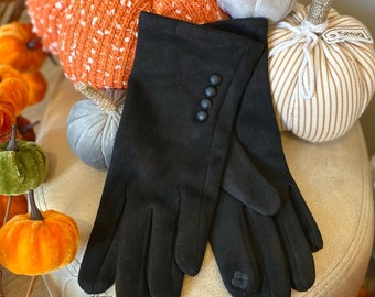 Stylish Soft Suede Touch Screen Button Gloves in Black, Fleeced inside, Lovely Gift for her, Come Beautifully Gift Wrapped, One Size