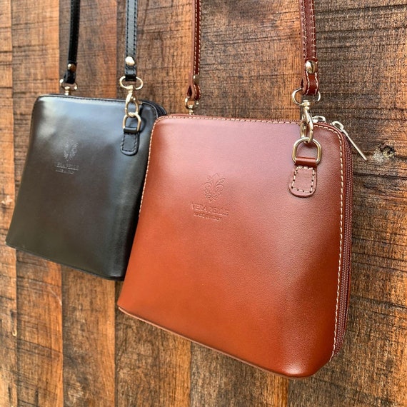Genuine Italian Dark Tan Vera Pelle Leather Cross Body Bag Genuine Italian Dark Tan Vera Pelle Leather Cross Body Bag