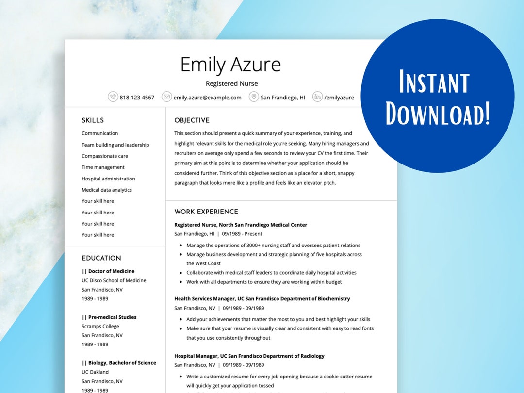 Nurse Resume Template – Professional CV Design (digital Download) - Etsy