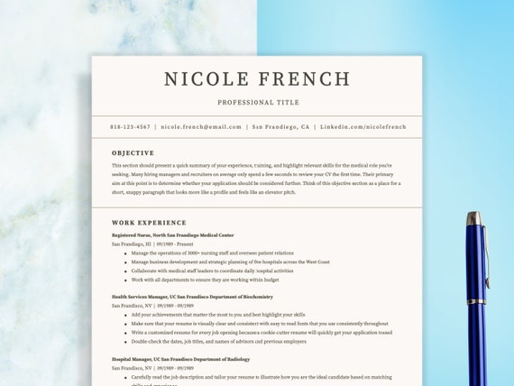 Professional CV Resume Template - Healthcare, Google Docs, Word, Pages (Digital Download)