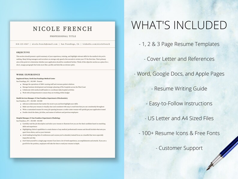 May include: A blue and white resume template with the text "WHAT'S INCLUDED" and a list of features, including 1, 2, & 3 page resume templates, cover letter and references, Word, Google Docs, and Apple Pages, resume writing guide, easy-to-follow instructions, US letter and A4 sized files, 100+ resume icons & free fonts, and customer support.