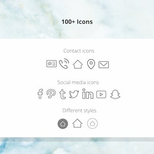 May include: A white card with the text "100+ Icons" at the top. The card shows a variety of icons, including contact icons, social media icons, and different styles of home icons.