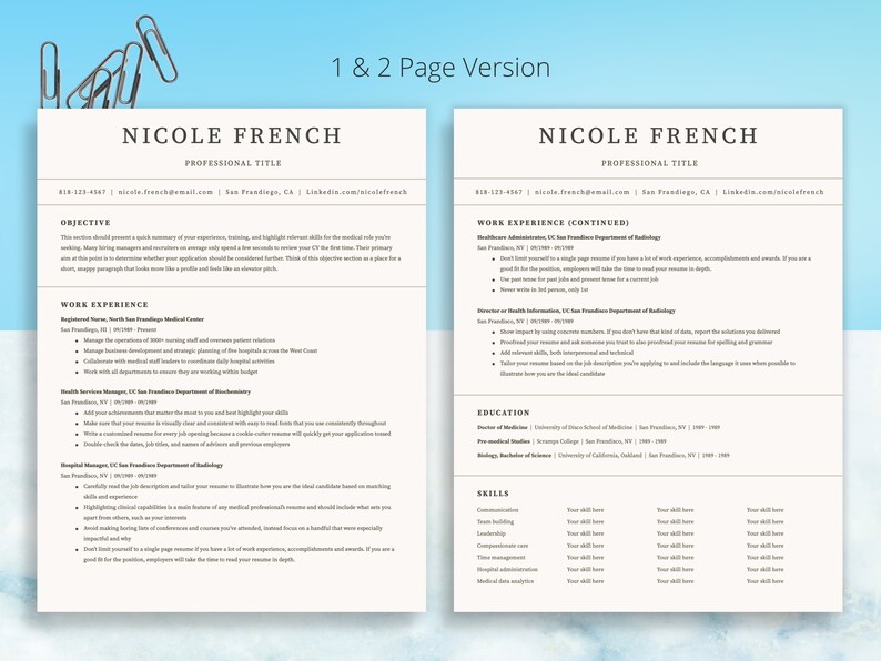 May include: A black and white resume template with the title "Nicole French" and the text "Professional Title" at the top. The resume includes contact information, an objective, work experience, education, and skills.