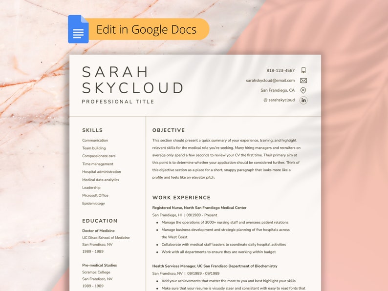 Resume Template Google Docs CV Template Professional Professional Resume and Cover Letter Template Digital Download CV Template Word image 1