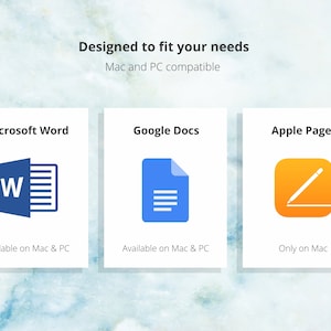 May include: Three white squares with blue, blue, and orange icons representing Microsoft Word, Google Docs, and Apple Pages, respectively. The text below each icon indicates the compatibility of each program with Mac and PC operating systems.