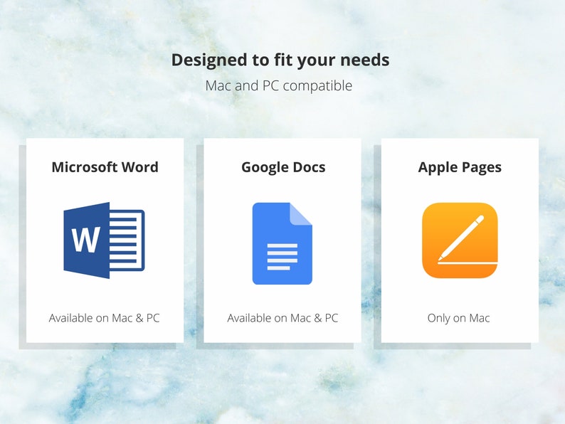 May include: Three white squares with blue, blue, and orange icons representing Microsoft Word, Google Docs, and Apple Pages, respectively. The text below each icon indicates the compatibility of each program with Mac and PC operating systems.