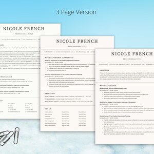 May include: A three-page resume template with the name "Nicole French" at the top of each page. The resume includes sections for publications, research experience, references, work experience, education, and skills.