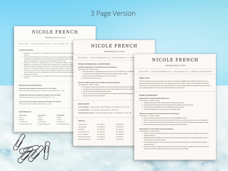May include: A three-page resume template with the name "Nicole French" at the top of each page. The resume includes sections for publications, research experience, references, work experience, education, and skills.