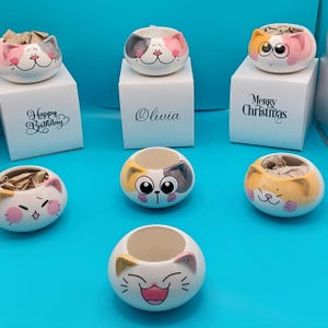 May include: A selection of ceramic cat-shaped plant pots in white, pink, grey, and yellow. Some pots are on white plinths with the text "Happy Birthday", "Olivia", and "Merry Christmas". The pots feature different cat faces and expressions.