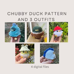 May include: Four crochet amigurumi duck patterns, including a blue duck, a green duck, a brown duck, and a white duck with a red mushroom hat. The text "Chubby Duck Pattern and 3 Outfits" and "4 digital files" is visible in the image.