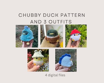 No-sew chubby duck pattern with dinosaur costume and frog & strawberry hat patterns by Rachel's Crochet Creations | Digital Files