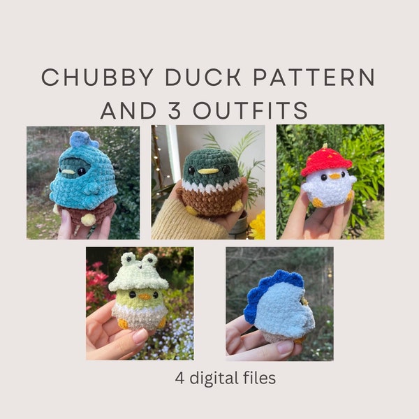 No-sew chubby duck pattern with dinosaur costume and frog & strawberry hat patterns by Rachel's Crochet Creations | Digital Files