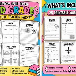 May include: A 3rd grade substitute teacher packet featuring 25 printable worksheets. The cover displays the title The Survival Guide Series 3rd Grade Substitute Teacher Packet. The pages include reading, maths, writing, science, social studies, and word work exercises with illustrations of animals, landforms, and diagrams.