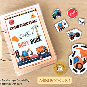 Minilibro interactivo de actividades para niños con vehículos de construcción n.° 10 / Carpeta de actividades Montessori para niños pequeños con camiones para imprimir