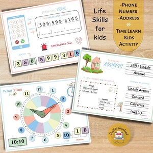 Phone Number Address and Learn to Tell Time Essential Life Skills for Young Learners Printable PDF Homeschool Preschool
