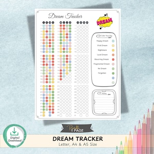 May include: A printable "Dream Tracker" sheet with a colorful design. It features a 31-day chart with circles for tracking dreams, a color key, and a notes section. The text includes "Dream Tracker", "Letter, A4 & A5 Size".