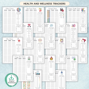 Yearly tracker with habit and health tracking sheets designed for bullet journaling.
