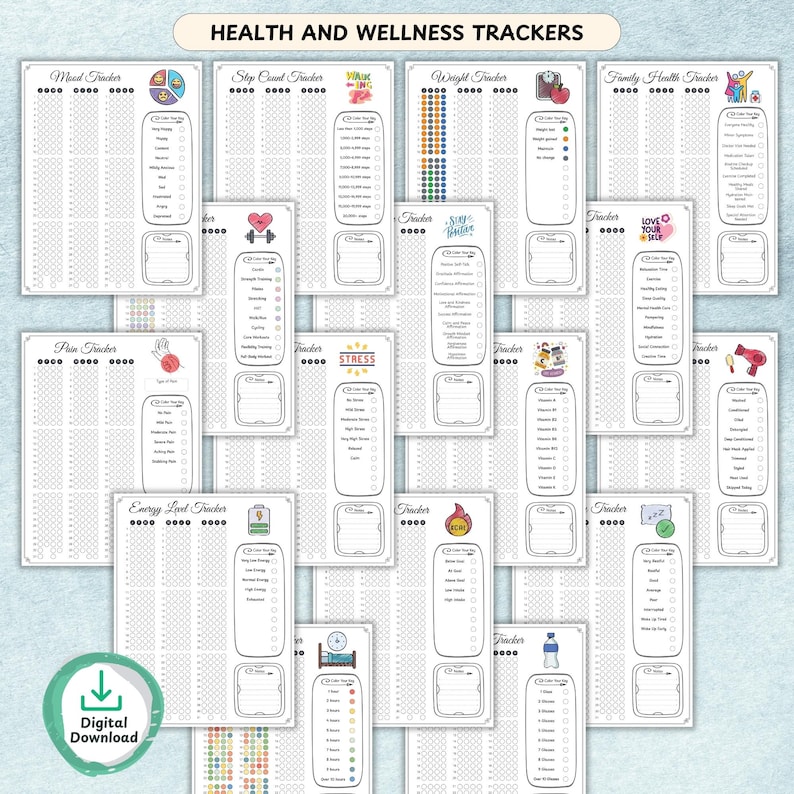 Yearly tracker with habit and health tracking sheets designed for bullet journaling.