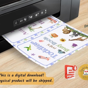 May include: A printable A5 size busy book for toddlers. The book features colorful illustrations of animals, vehicles, and other objects. The book is printed on a printer and is ready to be used.