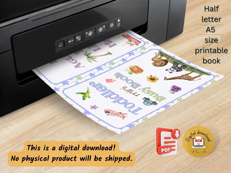 May include: A printable A5 size busy book for toddlers. The book features colorful illustrations of animals, vehicles, and other objects. The book is printed on a printer and is ready to be used.