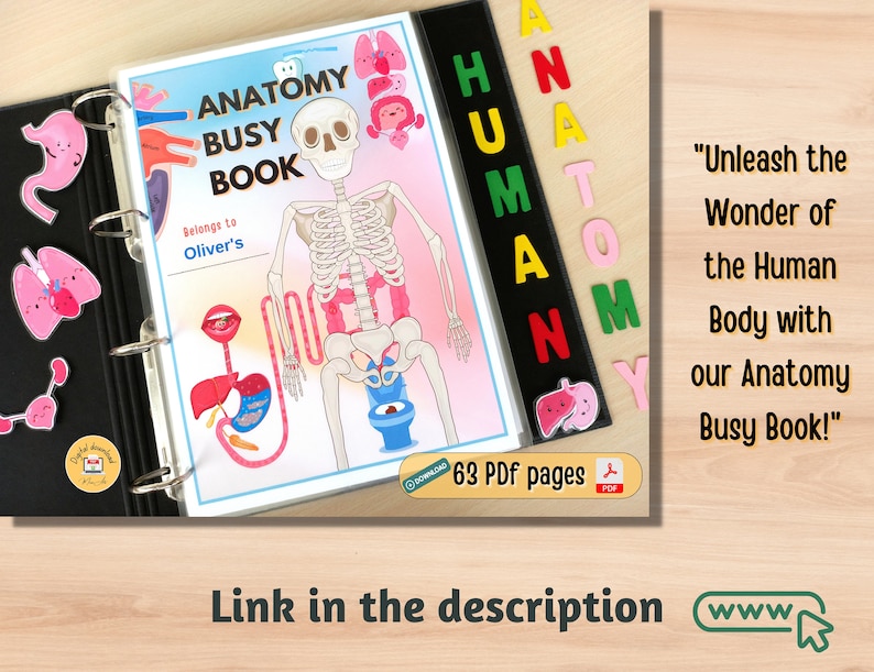 May include: A colorful anatomy busy book with a human skeleton illustration and a title that reads "Anatomy Busy Book". The book is open to reveal a page with a colorful illustration of the human digestive system. The book is labeled "Belongs to Oliver's". The book is 63 pages long and is a PDF download.