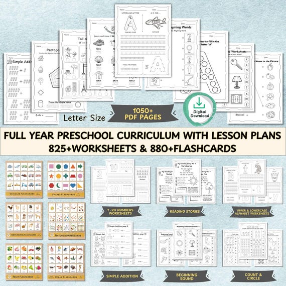 Printable Full Year Preschool Curriculum Worksheets with Lesson Plans 1050+ Pages