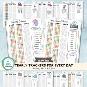 Könnte beinhalten: Eine Sammlung druckbarer Jahres-Tracker für tägliche Gewohnheiten, einschließlich Gewicht, Aufnahme, Medikamente und Schlaf. Die Seiten zeigen farbenfrohe Diagramme und Grafiken zur Verfolgung verschiedener Aspekte der Gesundheit und des Wohlbefindens. Der Text lautet "Yearly Trackers for Every Day" und "55 Pages."