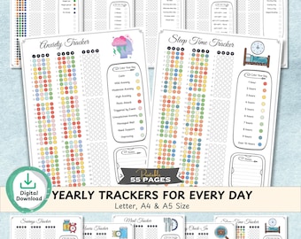 Årligt pixelspårningspaket 2026 UTSKRIVBAR | Färdig Bullet Journal, Målarbok Hälsa Stress Fitness Vanor Stegspårare PDF