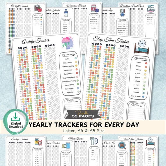 2026 Yearly Pixel Tracker Bundle PRINTABLE | Premade Bullet Journal, Coloring Journal Health Stress Fitness Habit Step Trackers PDF