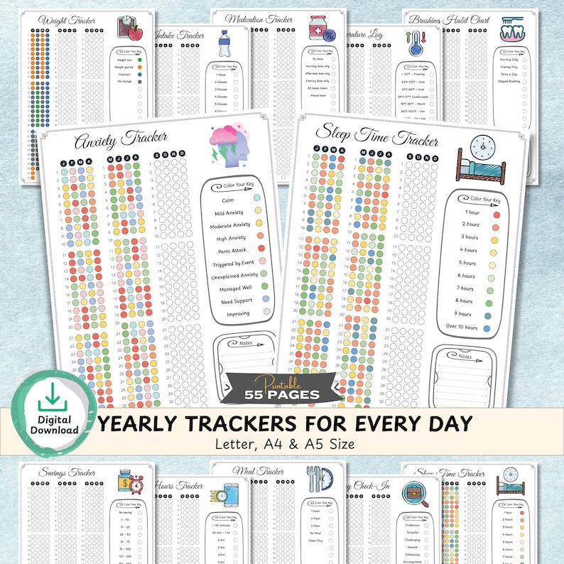 Printable pixel tracker bundle for yearly planning and journaling with health, stress, fitness, and habit trackers.