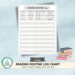 May include: A printable reading routine log chart with a white background and a light blue and green watercolor design. The chart includes sections for date, book title, start and end times, minutes read, and notes. The text "READING ROUTINE LOG CHART" is displayed.