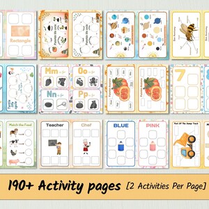 May include: A set of printable activity pages for kids featuring colorful illustrations and educational activities. The pages include matching shapes, matching the food, matching the house, learning the alphabet, counting numbers, and more.