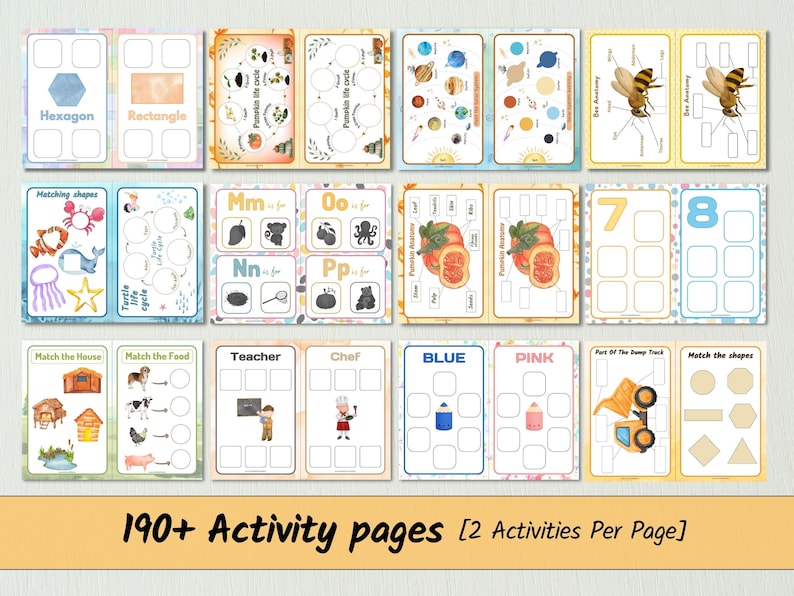 May include: A set of printable activity pages for kids featuring colorful illustrations and educational activities. The pages include matching shapes, matching the food, matching the house, learning the alphabet, counting numbers, and more.