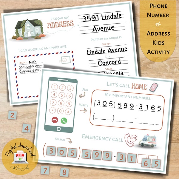 Numéro de téléphone et activité d'adresse pour les enfants, Feuille de travail sur les compétences essentielles, Imprimable pour les tout-petits, Apprentissage à la maison, Programme préscolaire