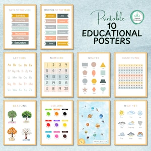 Conjunto de 10 carteles educativos para niños: láminas para pared imprimibles con el alfabeto, los números, las formas, el clima, el sistema solar y los colores de los días. PDF