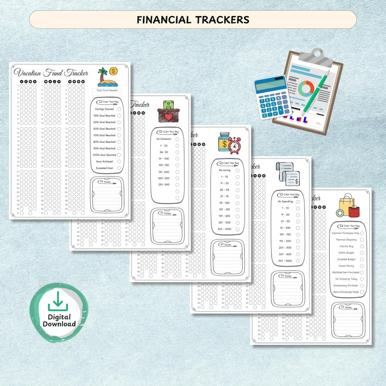 Printable yearly tracker PDF including health, fitness, and productivity tracking layouts.