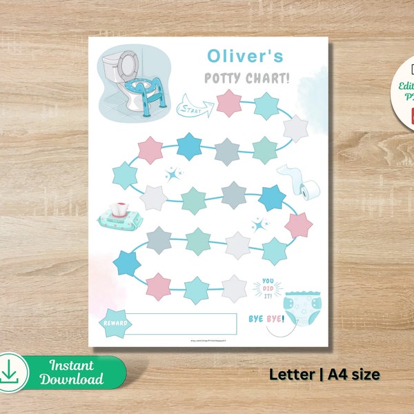 Potty Chart Printable Toddler's Toilet Training with Rewards and Goals Pee & Poop Progress Personalize it for Your Little One Text Editable