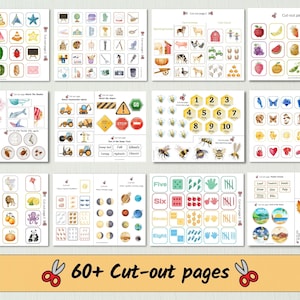 May include: A set of 60+ printable cut-out pages for kids. The pages feature various themes, including farm animals, numbers, shapes, and more. The pages are designed to help children learn and develop their fine motor skills.
