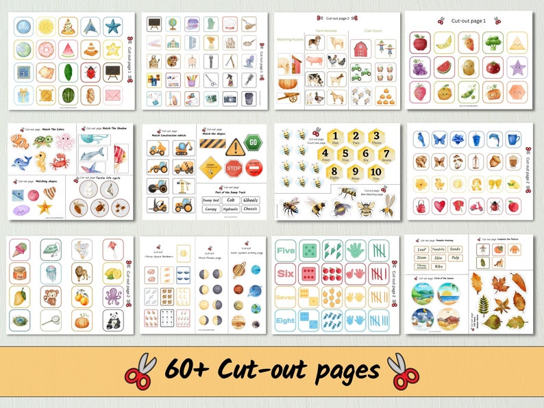 May include: A set of 60+ printable cut-out pages for kids. The pages feature various themes, including farm animals, numbers, shapes, and more. The pages are designed to help children learn and develop their fine motor skills.