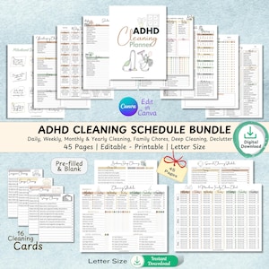 ADHD-vriendelijke schoonmaakplanner bewerkbaar | Opruimen en huisorganisatie Checklist Huishoudelijke takenschema's Dagelijks Wekelijks Maandelijks Schoonmaakschema