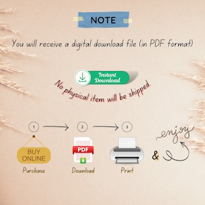 Peut inclure: Une illustration de t&eacute;l&eacute;chargement num&eacute;rique montrant les &eacute;tapes pour acheter, t&eacute;l&eacute;charger et imprimer un produit num&eacute;rique. Les &eacute;tapes sont num&eacute;rot&eacute;es 1, 2 et 3. Le texte "T&eacute;l&eacute;chargement instantan&eacute;" est dans une bo&icirc;te verte avec une ic&ocirc;ne de t&eacute;l&eacute;chargement. Le texte "Aucun article physique ne sera exp&eacute;di&eacute;." est &eacute;crit sous la bo&icirc;te verte. Le texte "enjoy &" est &eacute;crit en cursive avec une fl&egrave;che pointant vers la droite.